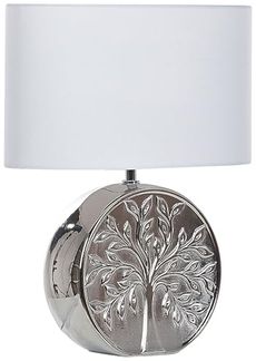 'Kherlen' Tischlampe Silber 49 cm Keramiksockel Glänzend mit Baummotiv Kabel mit Schalter Lampenschirm in Weiß Schlafzimmer Wohnzimmer Glamourös