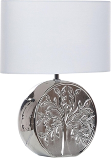'Kherlen' Tischlampe Silber 49 cm Keramiksockel Glänzend mit Baummotiv Kabel mit Schalter Lampenschirm in Weiß Schlafzimmer Wohnzimmer Glamourös