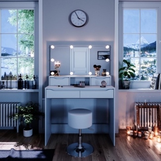 Vicco 'Ruben' Schminktisch mit LED-Lichterkette und Hocker, Holzspanplatte weiß, 100 x 42 x 150 cm