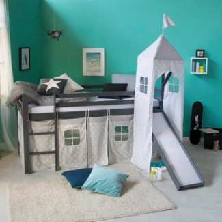 Hochbett mit Lattenrost 90x200 Turm Rutsche Stockbett Grau Kinderbett Holz Kiefer Vorhang Sterne