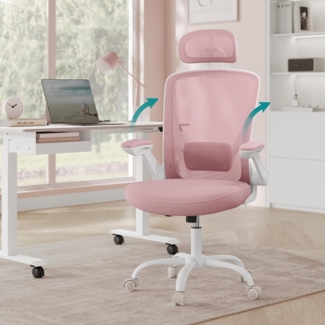 SONGMICS Bürostuhl ergonomisch, Drehstuhl mit Mesh, Lenden- und Kopfstütze, Wippfunktion, 53 cm große Sitzfläche, klappbare Armlehnen, Arbeits- und Schlafzimmer, Studenten, pastellrosa OBN047R01