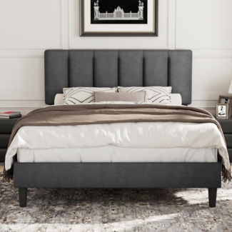 VECELO Polsterbett 140x200 cm Doppelbett mit Höhenverstellbarem Kopfteil, Bettrahmen Stoffbett mit Lattenrost, Gepolstertes Bettgestell, Kein Boxspring erforderlich, Samt, Ohne Matratze, Grau
