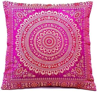 Handgewebter indischer Banarasi Seide Deko-Kissenbezug mit Extravaganten Mandala Design in Magenta - 40 cm x 40 cm