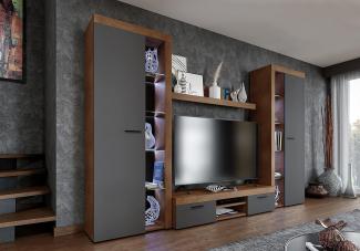 FURNIX Wohnwand Riva XL Mediawand Grau Wohnzimmer 4-TLG Komplett-Set mit LED - TV Lowboard, Highboard Vitrine, Wandregal - Modern Freistehend - B 300 x H 190 x T 40,2 cm, Farbe Lefkas Eiche/Graphit