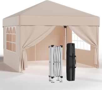 JUMMICO pavillon 3x3 Wasserdicht Stabil mit Seitenwänden Faltpavillon Partyzelt Gartenzelt mit UV Schutz 50+, Faltzelt für Garten, Beige
