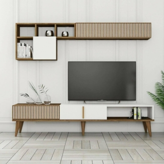 Dmora - Wohnzimmermöbel Gemini, Modulares Wohnzimmerset, Mehrzweck-Wohnzimmermöbel, Moderner TV-Schrank, 180x35h40 cm, Walnuss und Weiß