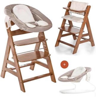 Hauck Alpha Newborn Set - Baby Holz Hochstuhl ab Geburt mit Liegefunktion inkl. Aufsatz für Neugeborene und Hochstuhlauflage, mitwachsend, höhenverstellbar - Walnut Beige