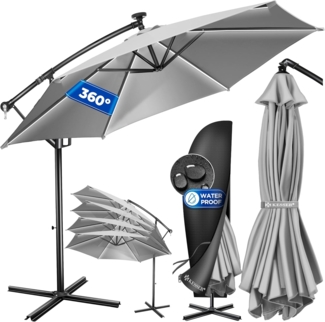 KESSER® Ampelschirm mit LED Solar inkl. Abdeckung mit Kurbelvorrichtung, UV-Schutz, Aluminium hellgrau, Ø 350 cm