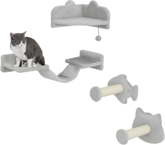 PawHut Katzen-Kletterwand Katzenmöbel mit Stufen, Leiter, Sprungtürmen, Kratzbäumen, Spielball, für Katzen bis 5 kg, Hellgrau