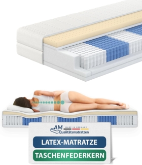 AM Qualitätsmatratzen - Premium Latex-Matratze 100x200 cm H3-1000 Federn - Taschenfederkernmatratze - Matratze mit integrierter 4cm Latex-Auflage - 24cm Höhe - Made in Germany
