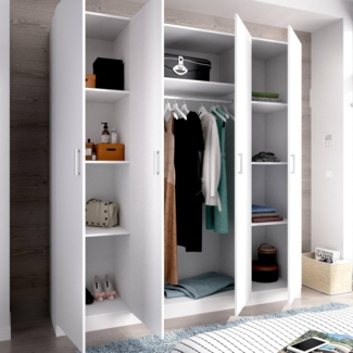 Dmora Bove, Schrank Kleiderständer für Schlafzimmer, Kleiderschrank mit 4 Flügeltüren, 200 x 52 x 215 cm, Weiß, Holzwerkstoff