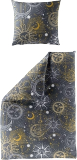 JACK Bettwäsche 135x200cm Sonne Mond Sterne Anthrazit, Biber, 2 teilig, mit atemberaubendem Sonne-Mond-Sterne-Design