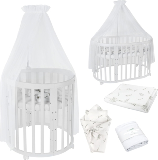 Waldin Oval Baby-Bett Mitwachsend Komplett Set 7in1, Gitterbett, Kinderbett mit Matratze, Wickelkommode, Beistellbett, Holz Weiß, Stoffe Weiß Zweige