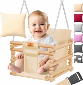 KIDIZ® Babyschaukel Kinderschaukel Schaukelsitz mit Polsterung | Holz-Schaukel mit Anti-Kipp bis 60KG | Höhenverstellbar Indoor & Outdoor | 0,5 - 3 Jahre | Montagezubehör & Sicherheitsgurt Beige