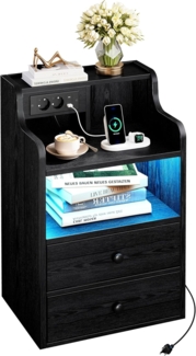 IRONCK LED Nachttisch mit Steckdose, Beistelltisch Holz mit Ladefunktion, Nachtschrank mit 2 AC, 1 USB& 1 Type-C Anschlüsse, Sofatisch mit 2 Schubladen für Wohnzimmer,Schlafzimmer, 45 x 30 x 70 cm Schwarz