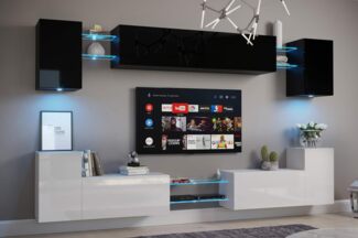 FURNITECH Nairobi C1 Möbel Wohnzimmer Schrankwand Wohnwand Wandschrank Mediawand mit Led Beleuchtung (D40-HG-WB3, LED weiß)