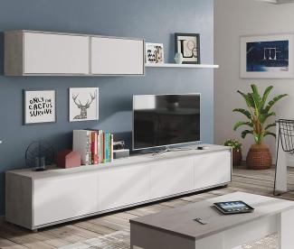 Dmora Wohnzimmer TV-Ständer mit vier Türen, mit Hängeschrank und Regal, Betonfarbe und Artikweiß, TV-Schrankmaß 200 x 43 x 41 cm Hängeschrank 105 x 35 x 29 cm Regal 95 x 3 x 21 cm