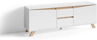 byLIVING TV-Board VALENTIN / Lowboard matt weiß mit Absetzung in Eiche-Optik / Fernsehtisch mit 2 Türen und 2 Schubkästen / Fernsehschrank im Scandi-Style / Grifflos / B 160, H 60, T 38 cm