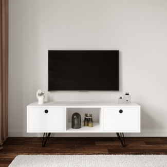 Hanah Home Modern White TV Stand, 120 x 50 x 35 cm | 100% Melamine Coated Particle Board, 18 mm Thick | Stylish Design with Numerous Shelves & Extra Storage