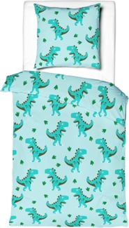 JACK Kinderbettwäsche 135x200cm Flanell Dino Dinosaurier Mistral, Flanell, 2 teilig, T-Rex in Grün Türkis Blau