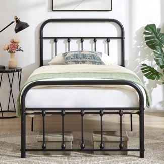 VECELO Bettrahmen 90x200 cm Metallbett mit Lattenrost und Hohem Kopfteil, Modern Gästebett Jugendbett, Einfacher Aufbau für Schlafzimmer Gästezimmer, Schwarz