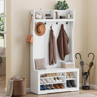 YITAHOME Garderobenständer mit Schuhbank, Garderobenschrank, Garderobe, Flurgarderobe mit 9 Haken & Oberschrank, für Diele & Wohnzimmer,Verstellbare Regalebenen Schuhschrank,100 x 35 x 180.5 cm, Weiß