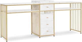 M MCombo Doppelnageltisch mit Schubladen, Schreibtisch mit Regal, Manikürtisch, Schminktisch ohne Spiegel Wohnzimmer Modern, Marmor-Weiß Gold, 2413