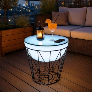 Arnusa Couchtisch LED Beistelltisch beleuchtet rund Korbtisch Metall 50x56 cm, Tisch mit Fernbedienung kabellos nutzbar RGB+W Lounge
