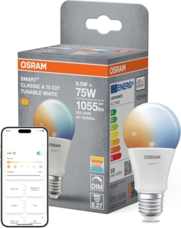 Osram SMART+ LED-Lampe A75 Kolbenform E27 Tunable White, dimmbar, steuerbar per App und Sprache, Matter-fähig, 9,5W, 2700-6500K, WiFi