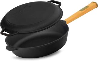 Ø24cm 62mm hoch Gusseisenpfanne Gußeisenpfanne mit Holzgriff und Deckel-Bratpfanne aus Gusseisen