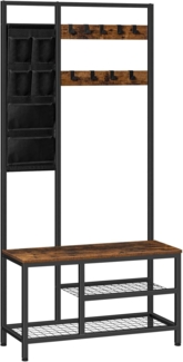HOOBRO Garderobenständer, Garderobe, Kleiderständer mit 6 staschen und 9 Haken, Schuhregal mit Sitzfläche, Sitzbank, Viel Stauraum, für Flur, Wohnzimmer, vintagebraun-schwarz EBF24MT01