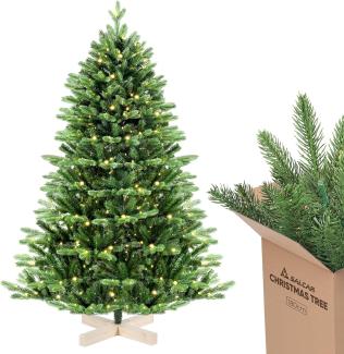 Salcar Künstlicher Weihnachtsbaum Tannenbaum mit Beleuchtung, Edeltanne, mit Echtholz Baumständer, Nordmanntanne, 180 cm Christbaum mit 450 LEDs und 1150 PE-Zweigen und 472 PVC-Zweigen