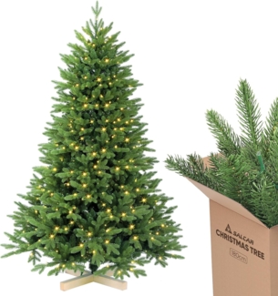 Salcar Künstlicher Weihnachtsbaum Tannenbaum mit Beleuchtung, Edeltanne, mit Echtholz Baumständer, Nordmanntanne, 180 cm Christbaum mit 450 LEDs und 1150 PE-Zweigen und 472 PVC-Zweigen