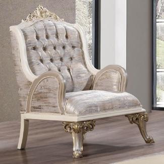 Casa Padrino Luxus Barock Sessel Silber / Weiß / Grau / Gold - Prunkvoller Wohnzimmer Sessel mit elegantem Muster - Luxus Wohnzimmer Möbel im Barockstil - Barock Möbel - Barock Einrichtung
