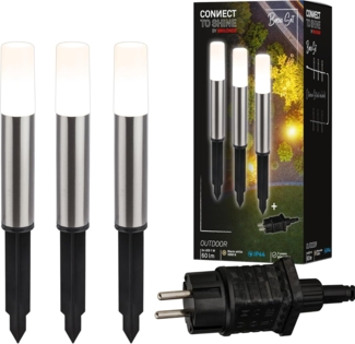 BRILONER - Connect to Shine 12V Gartensystem 3er Set LED Pollerleuchte mit Erdspieß, Basisset mit Trafo, IP44, warmweißes Licht, Gartenbeleuchtung, Wegeleuchten, 36,5x4 cm, Silberfarbig