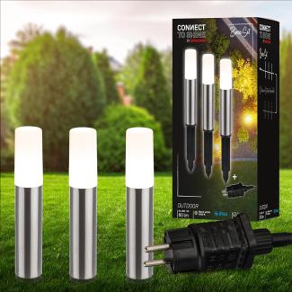 BRILONER - Connect to Shine 12V Gartensystem 3er Set LED Pollerleuchte mit Erdspieß, Basisset mit Trafo, IP44, warmweißes Licht, Gartenbeleuchtung, Wegeleuchten, 36,5x4 cm, Silberfarbig