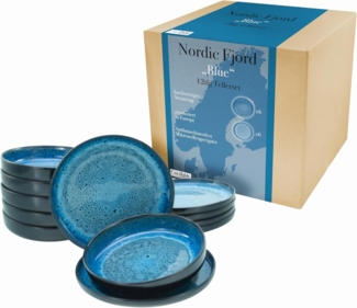 CreaTable Teller-Set Nordic Fjord (12-tlg), 6 Personen, Steinzeug, Tafelservice, 6 Speiseteller Ø 26 cm, 6 Suppenteller Ø 22,5 cm