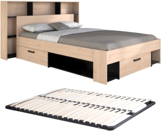 Vente-unique - Bett 140 x 190/200 cm mit Kopfteil & Stauraum + Lattenrost - Holzfarben & Schwarz - KINSELIA