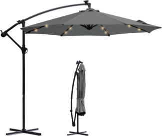 Sekey® LED Solar Ampelschirm 300cm LED Sonnenschirm-Solarbetrieben - UV50+ Sonnenschutz - Robust und Stabil für den Gartenn Dunkelgrau