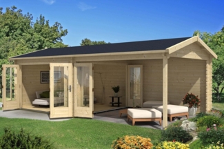 Alpholz Gartenhaus Freiburg-44 ISO Gartenhaus aus Holz Holzhaus mit 44 mm Wandstärke inklusive Terrasse Blockbohlenhaus mit Montagematerial