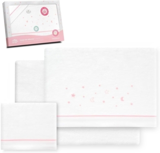 Interbaby Bettwäsche-Set für Kinderbett, 60x120 cm, 100% Baumwolle, warm, weich, inklusive Spannbettlaken, Bettbezug und Kissenbezug, ideal für den Winter, Sterne, Mond, Weiß/Rosa
