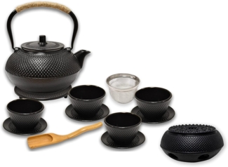 AD. CON Teeservice aus Gusseisen 13-tlg mit Stövchen Teekanne 1,5L Sieb Tassen Set Schwarz