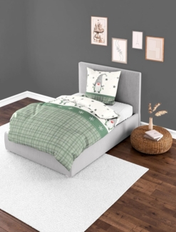 Bettwäsche Bierbaum Biber 3743-30 Grau Grün Weiß Wichtel Karo 135x200