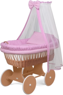 WALDIN Baby Stubenwagen-Set mit Ausstattung, Gestell/Räder natur lackiert, Ausstattung rosa kariert
