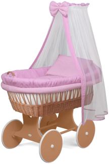 WALDIN Baby Stubenwagen-Set mit Ausstattung, Gestell/Räder natur lackiert, Ausstattung rosa kariert