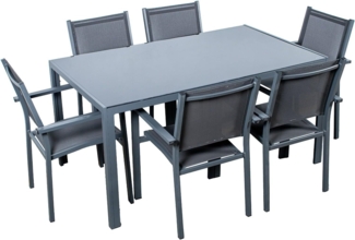 DRW Set aus Esstisch und 6 Stühlen aus schwarzem Aluminium-Textilen, 150 x 90 x 74 cm