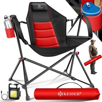 KESSER® Campingstuhl faltbar Schaukelstuhl bis 160 kg | Angelstuhl Faltstuhl Klappstuhl Gepolstert | Campinglicht und Getränkehalter + Tasche mit hoher Rückenlehne | Strandstuhl mit Wippfunktion Rot / Schwarz