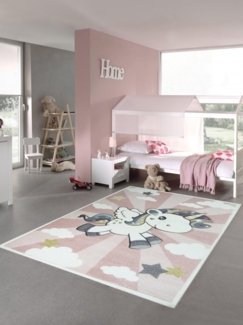 Carpetia Kinderteppich Kinderteppich Babyteppich Mädchen Einhorn Regenbogen rosa creme, rund, Höhe: 13 mm