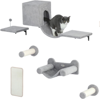 PawHut Katzen-Kletterwand 6-teilig, mit Katzenhaus, Hängematte, Plattform, Kratzbrett, für Katzen bis zu 5 kg, Grau