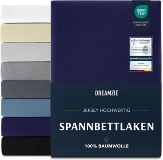 Dreamzie Premium Spannbettlaken 160x200 cm, Spannbetttuch für Dicke Matratzen bis zu 27 cm, Bettlaken 100% Jersey Baumwolle, 150 g/m², Oeko-TEX Zertifiziert - Dunkelblau